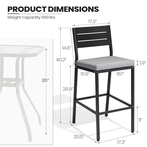 Crestlive Products Outdoor Bar Stools Set of 2, Patio Counter Height Barstools with Cushions, Tall Chairs with Back and Footrest for Deck, Lawn, Garden, Backyard, Poolside, Or Indoor Use (Light Gray)