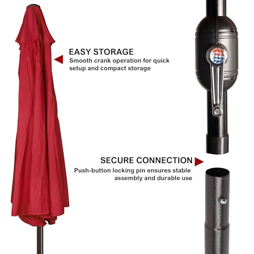 Blissun 9' Outdoor Patio Umbrella, Outdoor Table Umbrella, Yard Umbrella, Market Umbrella with 8 Sturdy Ribs, Push Button Tilt and Crank (Red)