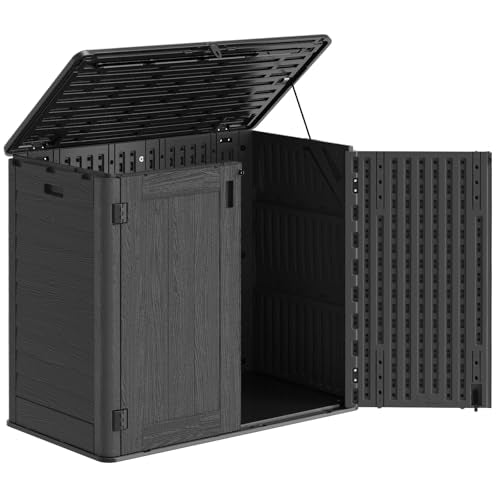 IWDOO Outdoor Storage Shed, 30 Cu Ft Waterproof Horizontal Resin Storage Cabinet, Weather-Resistant Garden Shed Trash Can Storage with Pad-Lockable Doors for Backyards (Black)
