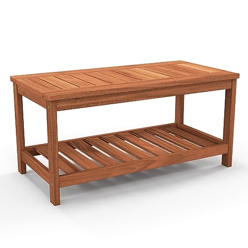 Tangkula Wood Outdoor Coffee Table, 2-Tier Patio Coffee Table with Slatted Hardwood Tabletop & Storage Shelf, Rectangle Wood Table for Deck, Garden, Balcony, Indoor or Outdoor Use (Natural)