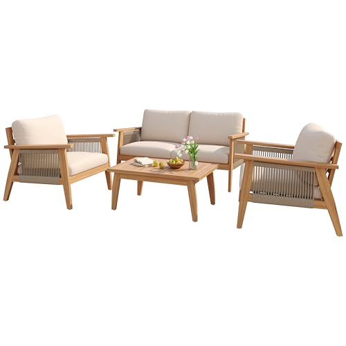 Christopher Knight Home Lorna 4-Seater Patio Furniture Set with Removable Cushion, 4 Piece Outdoor Acacia Wood Conversation Set, Sold Wood Outdoor Sectional Sofa Set with Coffee Table, Teak+Beige