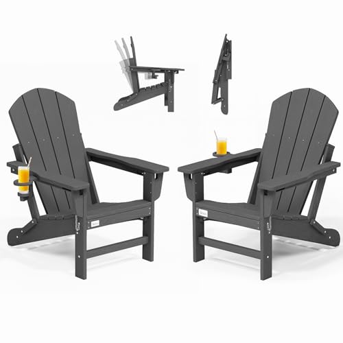 Mdeam Oversized 3-Level Adjustable Adirondack Chairs Set of 2, 400LBS Capacity HDPE Heavy Duty Tanning Chair with Cup Holder, All-Weather Folding Fire Pit Outdoor Chair for Patio Garden Lawn - Grey