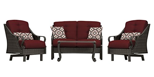 Hanover Ventura Outdoor 4-Piece Conversation Set with Loveseat, 2 Rocking Chairs, Crimson Red Cushions, 4 Pillows and Ceramic Tile Coffee Table, All-Weather 4-Piece Patio Set