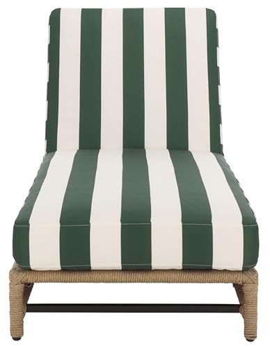 SAFAVIEH Outdoor Patio Furniture Collection - Callan Heather Tan Rope Chaise Lounge Chair, Hunter Green Stripe Cushion, 6 Reclining Positions, Fully Assembled (PAT7547H)