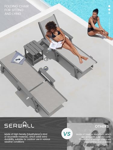 SERWALL Textilene Patio Chaise Lounge Chair Set of 2, 5 Positions Outdoor Lounger with Rolling Wheels for Pool, Deck, Gray