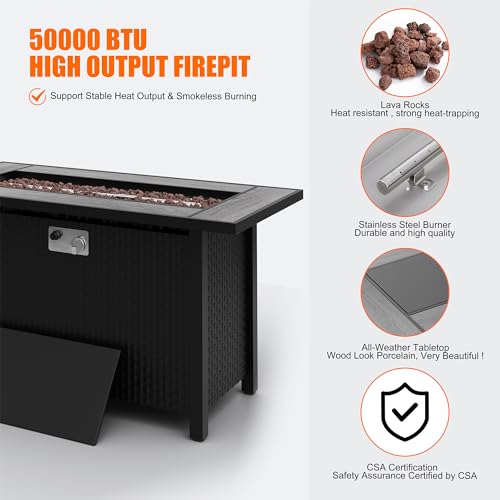 45 inch Propane Fire Pit Table, 50,000 BTU Outdoor Gas Fire Pit Table with Lid, Waterproof Cover, Rectangle Gas Firepit Table for Garden/Patio