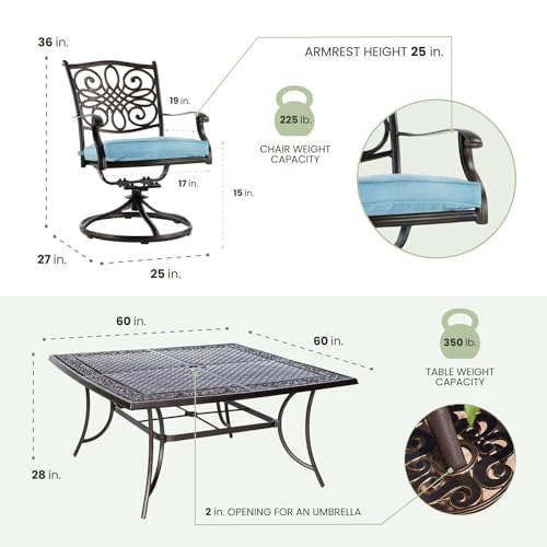 Hanover Traditions 9-Piece Rust Resistant Aluminum Outdoor Patio Dining Set with Blue Cushions, Swivel Rockers and Aluminum Square Dining Table, Outdoor Dining Set For 8