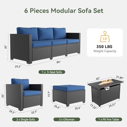 Aoxun Patio Furniture Set with Fire Pit Table, 6 Piece Outdoor Furniture Set with Wicker Ottomans, Rattan Outdoor Sectional Sofa with Thickened Cushion & Waterproof Cover Navy Blue