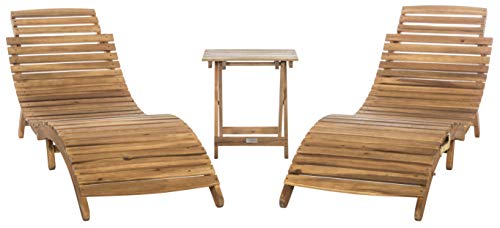 SAFAVIEH Outdoor Collection Pacifica Natural Brown Solid Wood/Navy Cushion 3-Piece Chaise Lounge Set with Table (PAT7020C)