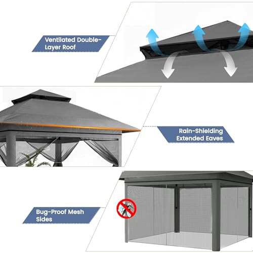 Driftalia 13x13 Pop Up Gazebo, Instant Outdoor Gazebo with Mosquito Netting, Vented Roof and Carry Bag for Patio, Garden & Backyard - Dark Gray