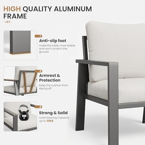 VONZOY Outdoor Sofa Chair Aluminum Patio Couch Set of 2 All-Weather Patio Sofa Armchair Furniture Set Chairs with Beige Cushions
