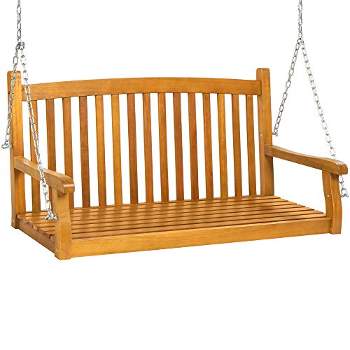 Best Choice Products 48in Wood Porch Swing Outdoor Patio Hanging Bench Chair Furniture for Deck, Garden