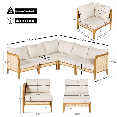 Merax 5 Piece Patio Outdoor Furniture Set, All-Weather Rattan Wicker L-Shaped Sectional Sofa w/Coushions, Acacia Wood 5-Seater Couch Set for Porch, Lawn, Backyard, Balcony, Teak+ Beige