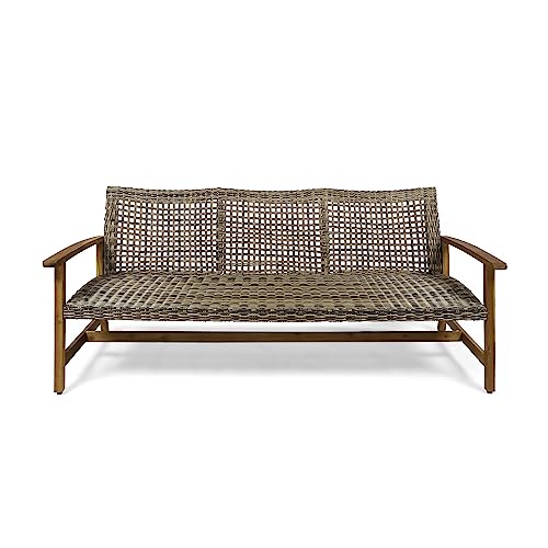 Christopher Knight Home Hamptom Outdoor 5 Piece Acacia Wood and Wicker Sofa Conversation Set, Gray