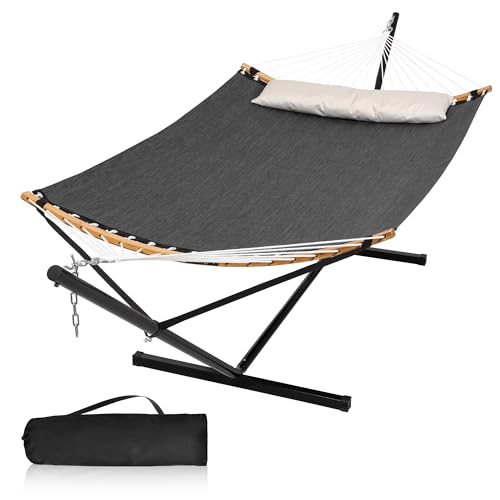 Mansion Home Double Hammock with Stand, Quick Dry Hammock with 12FT Stand for Outside, Poolside, 450 Lbs Capacity, Dark Grey
