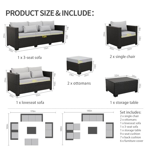 Rattaner Patio Furniture Sets 7 Pieces Outdoor Furniture Sectional Patio Couches Set with Storage Table Light Grey Cushions