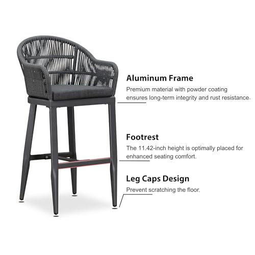 PURPLE LEAF Outdoor Bar Height Stools Set of 2 Patio Metal Modern Wicker Rattan Bar Chairs Woven Aluminum Barstools with Back and Cushions for Balcony Garden Indoor Kitchen Outside Gray