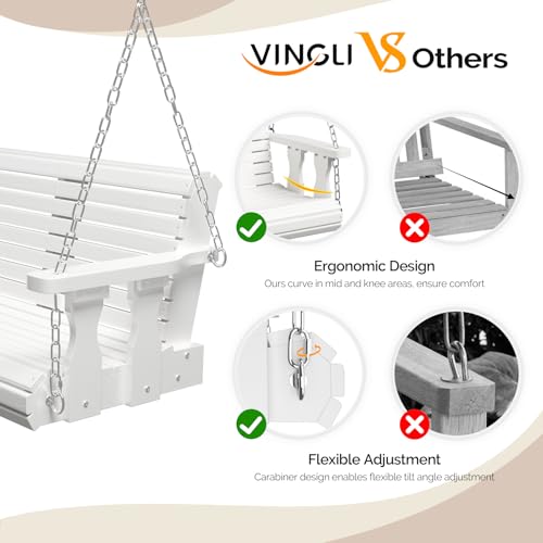 VINGLI Upgraded Patio Wooden Porch Swing for Courtyard & Garden, Heavy Duty 880 LBS Swing Chair Bench with Hanging Chains for Outdoors (5 FT, White)