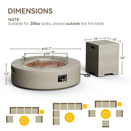 COSIEST 2-Piece Outdoor Propane Firepit Table Set w Tank Table, 42" Fire Table Certified, 50,000 BTU w Gray Round Base,Wind Guard and 16 inches Tank Side Table 20lb for Garden,Pool