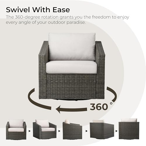 CHITA 5 Pieces Swivel Wicker Patio Furniture Set, Outdoor Conversation Set with 2 Pieces Rattan Swivel Chairs, 2 Pieces Ottomans, Thickened Cushions and Side Table, Beige Cushions with Grey Wicker
