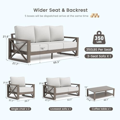 UDPATIO Aluminum Patio Furniture Set, Faux Wood Grain Modern Outdoor Furniture, 6" Cushions Metal Patio Conversation Sofa with Coffee Table for Poolside Deck, 8 PCS, Beige(Include 600D Covers)