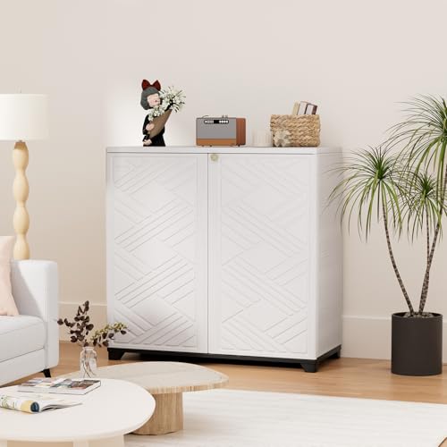 HOMSPARK Indoor/Outdoor Storage Cabinet with Doors, 34”x15”x34” HDPE Plastic Storage Box for Bedroom, Bathroom, Living Room, Balcony, Multi-Purpose for Daily Tools, White