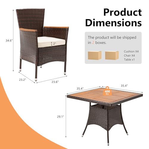 FansaFurn 5 Piece Patio Wicker Dining Sets for 4, Water-Resistant Rattan Outdoor Dining Table and 4 Chairs with Wood Table Top, Conversation Set for Deck, Garden, Backyard, Removable Cushions, Brown