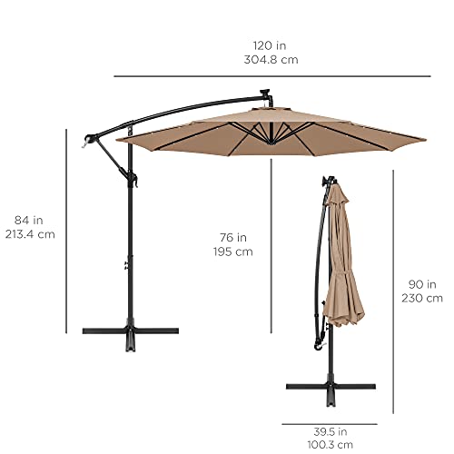 Best Choice Products 10ft Solar LED Offset Cantilever Hanging Market Patio Umbrella, 8 Sturdy Ribs, Easy Adjustment - Tan