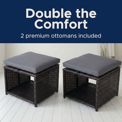 EZ Pro Goods Outdoor Storage Ottoman (Set of 2) - All-Weather Wicker Patio Footstool with Washable Cushions - Sturdy Rattan Foot Rest & Hidden Box for Deck, Porch, Backyard & Balcony