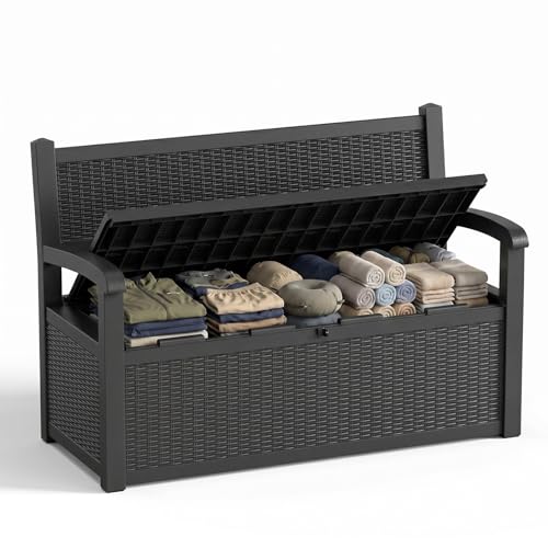 MAIUSCOLI 80 Gallon Outdoor Storage Bench Waterproof Resin Lockable UV Resistant Deck Box Benches Furniture Outside Porch Patio Pool Garden Tool Cushion Black