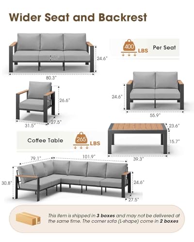 ComfCove Aluminum Outdoor Patio Furniture Set 6 Seats, Outdoor Sectional Corner Sofa with Thick Waterproof Cushions & Coffee Table, Patio Conversation Sets for Backyard, Porch, Balcony, Deck, Gray
