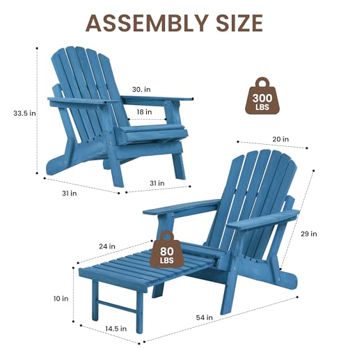 LDB_BUILDING Oversized Folding Adirondack Chair with Retractable Ottoman - Solid Wood Outdoor Lounge Chair for Patio Garden Backyard Porch, Weather-Resistant & Pre-Assembled, Blue