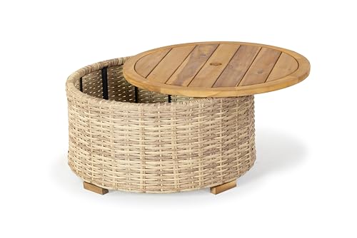 SAFAVIEH Couture Outdoor - Anguilla Round Wicker Coffee Table - Solid Wood and Aluminum - Coastal Woven Design - Ideal for Patio, Deck, Porch, Backyard, 25.6"W x 25.6"D x 13.8"H (CPT2103A)