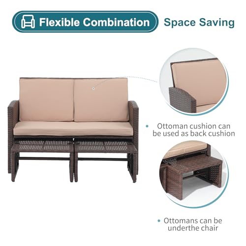 OC Orange-Casual Outdoor Loveseat 3 Piece Patio Furniture Set Outdoor Conversation Set All-Weather Wicker Love Seat with Ottoman/Side Table, Brown Rattan, Beige