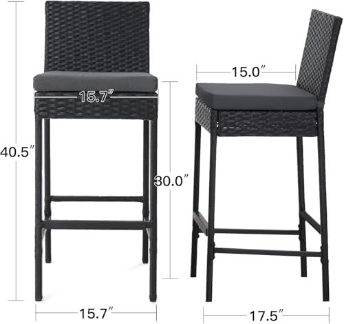 ECOTOUGE Rattan Bar Stools Set of 2, Outdoor Wicker Barstools Counter Height with Cushion for Lawn, Balcony, Garden, Black