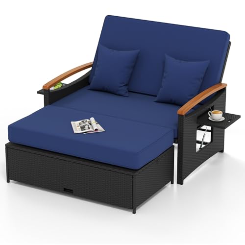 COSTWAY Patio Rattan Daybed, Outdoor Loveseat Sofa with Storage Ottoman, 4-Level Adjustable Backrest & Acacia Wood Armrest, Outdoor Wicker Daybed with Side Panels for Yard, Deck, Poolside (Black&Navy)