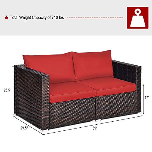 Tangkula 2 Seat Outdoor Wicker Loveseat Sofa Set, Modular PE Rattan 2 Pieces Outdoor Wicker Corner Sofa, Outside Furniture Set for Deck, Backyard, Porch, Garden & Poolside, Red