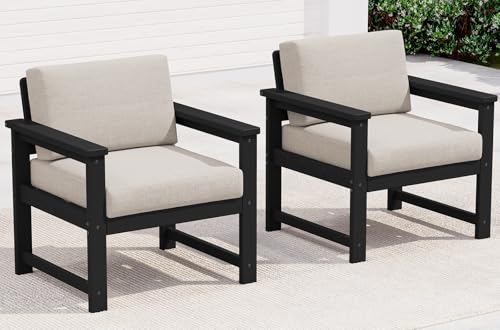 SERWALL 2 Pieces Single Cushioned Sofa Armchair, Black HDPE Adirondack Outdoor Sofa Lounge with Khaki Cushion