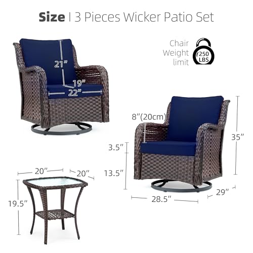 Towallmark Outdoor Swivel Wicker Glider Patio Chairs with Table Set, 3 Pieces Outdoor Bistro Set with 4”Thick Cushions and Coffee Table for Porch, Balcony, Deck (Blue)