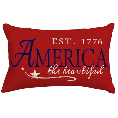 RABUSOFA 4th of July Patriotic Signs Throw Pillow Covers 12x20 Inch,Red White and Blue Memorial Day Outdoor Independence Day Fourth of July Lumbar Cushion Case Decoration for Home