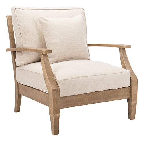 SAFAVIEH Couture Outdoor - Martinique Armchair - Natural & Beige - Solid Wood - Slatted Coastal Design - Ideal for Patio, Deck, Porch, Backyard, 18.3" Seat Height (CPT1011A)