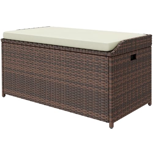 DWVO Outdoor Storage Bench, 70 Gallon Patio Storage Box w/Handles and Soft Cushion,PE Rattan Benches for Outside, Patio, Yard, Lawn, Garden,Brown