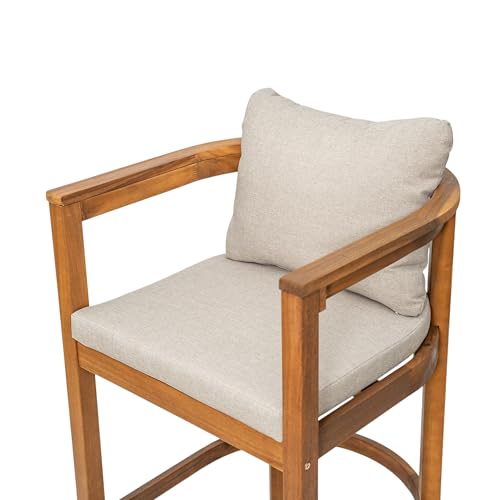 Christopher Knight Home Kuart Acacia Wood Outdoor Bar Stool Set of 2 with Cushion, Patio Armchair Set for Bar Table, Wooden Counter Height Patio Bar Stool with Footrest, Teak+Beige