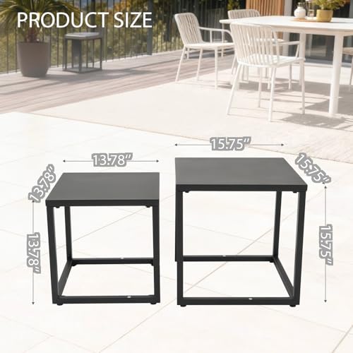 Meluvici Patio Outdoor Coffee Table Set of 2, Weather Resistant Steel Square End Tables, Outdoor Nesting Tables for Patio, Balcony, Bistro and Indoor, Black (Black)