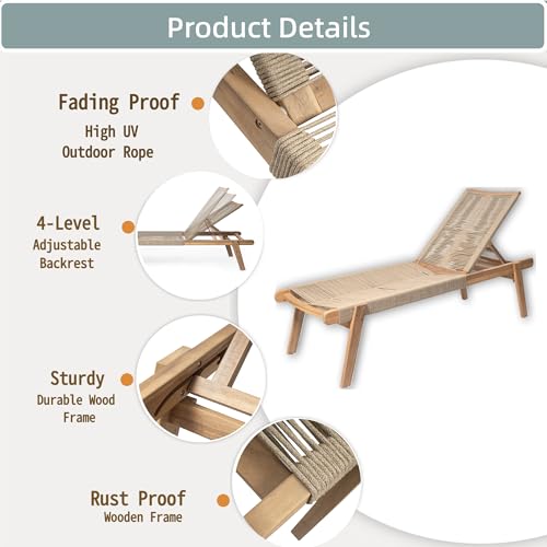 Christopher Knight Home Set of 2 Outdoor Patio Wood Adjustable Chaise Lounges with Rope Seating, Rope Chaise Lounge with Acacia Wood Frame, Chaise Lounge for Poolside, Balcony, Yard, Teak+Beige