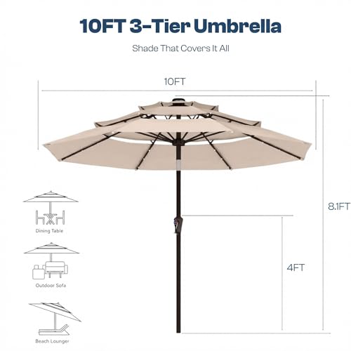Patio Kingdom 10ft 3-Tier Patio Umbrella with 32 Solar Powered LED Lights, Windproof Outdoor Market Umbrella for Deck, Poolside & Garden, Sturdy Push-Button Tilt Table Umbrella, Beige