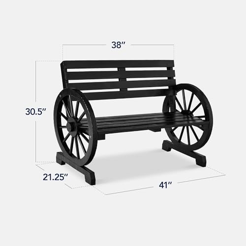 Best Choice Products 2-Person Wooden Wagon Wheel Bench for Backyard, Patio, Porch, Garden, Outdoor Lounge Furniture w/Rustic Country Design, Slatted Seat and Backrest - Black