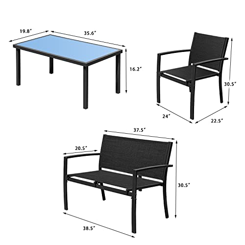 Devoko Outdoor Furniture Set 4 Piece Patio Conversation Sets Porch Furniture with Lawn Chairs & Glass Coffee Table for Garden Poolside (Black)