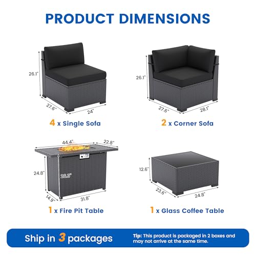 VONZOY 8 Piece Patio Furniture Set with 44” Fire Pit Table All-Weather Wicker Conversation Sectional Sofa & Coffee Table with Thickened Cushions for Backyard, Garden(Black)