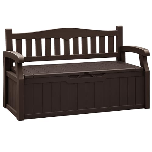 Flamaker 80 Gallon Storage Bench Outdoor Indoor, Durable All-Weather Seating with Hidden Storage, Lockable Deck Box for Garden, Patio, Poolside (Brown)